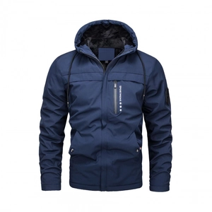 Men's Winter Fleece Lined Hooded Jacket Windproof Warm Thick Outdoor Casual Coat With Sportmens Letter Print And Patch