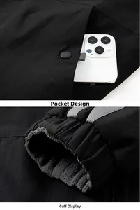 Detail view of pocket design with smartphone and elastic ribbed cuffs on fleece jacket