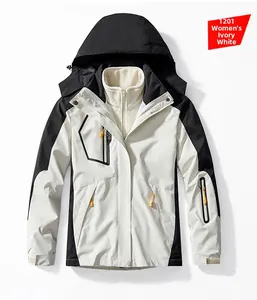 Detail of ivory women's 3-in-1 waterproof jacket with fleece liner and zip pockets