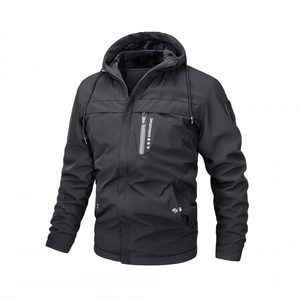 Men's black fleece-lined hooded jacket with sportmens print and windproof material