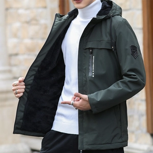 Men's winter thick fleece lined hooded jacket in dark green with windproof shell fabric