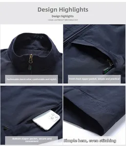 Detail view of quick-dry men vest featuring a stand collar and multiple functional zipper pockets