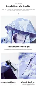 Détails de la veste camo violette avec capuche amovible, col polaire et poches de sport