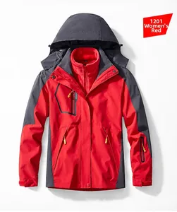 Detail of red 3-in-1 waterproof jacket showing detachable fleece lining and outdoor zippers