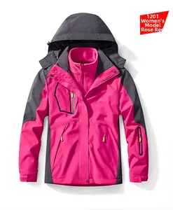 Detail of rose red 3-in-1 waterproof jacket for women with hood and zip pockets