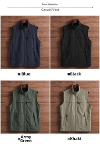 Multi-pocket outdoor vest display in blue, black, army green, and khaki colors
