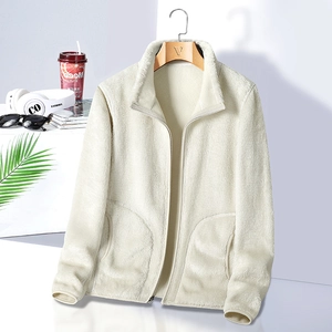 Off-white fleece jacket for men and women featuring stand collar and full zipper closure