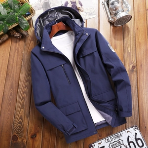 Men's dark blue outdoor waterproof windbreaker jacket with multiple pockets and hood