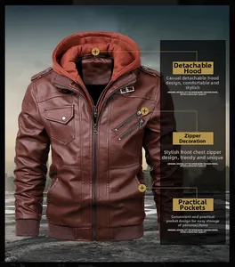 Detail of brown PU leather biker jacket featuring a detachable red hoodie and zip pockets