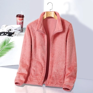Pink fleece jacket with stand collar and zip for women stylish winter outerwear style
