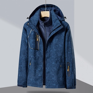 Women Men Outdoor 3-In-1 Jacket Waterproof Windproof Hooded Coat With Detachable Fleece Inner Leaf Print Hiking Jacket