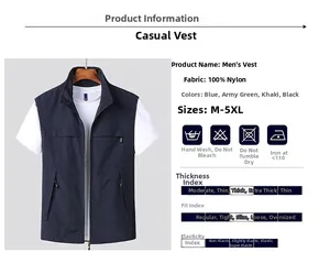Detail of navy blue utility vest showing multiple functional zipper pockets and stand collar