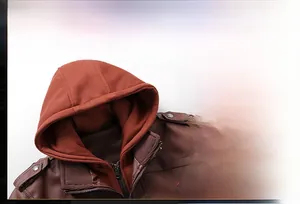 Detail of brown PU leather jacket featuring a detachable knit hood and metal zipper