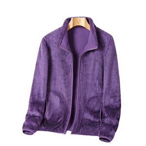 Purple polar fleece zip-up jacket with stand collar and soft thermal texture for winter