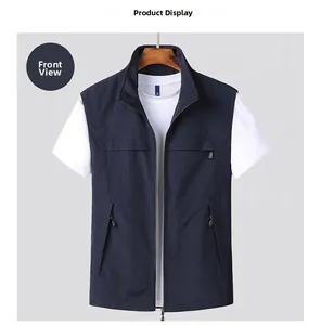 Detailed front view of navy blue outdoor fishing vest with multiple zipper pockets