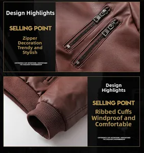 Close-up of brown PU leather jacket with dual metal zippers and ribbed windproof cuffs