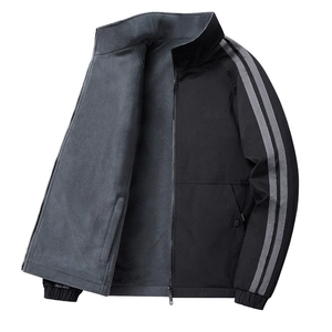 Men's reversible windproof jacket with grey fleece lining and double sleeve stripes