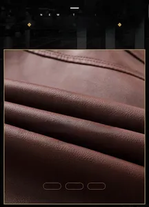 Detail of premium brown PU leather jacket showing vintage lychee texture and stitching