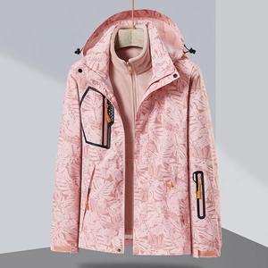 Three-in-one waterproof outdoor jacket for women with pink leaf pattern and fleece liner
