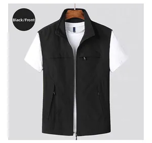 Front view of black stand-collar outdoor vest with zip pockets on a hanger