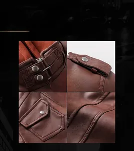 Detailed close-up of dark brown PU leather jacket showing shoulder straps and pocket stitching