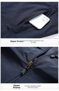 Detail view of navy blue vest zipper pocket showing storage space with a smartphone