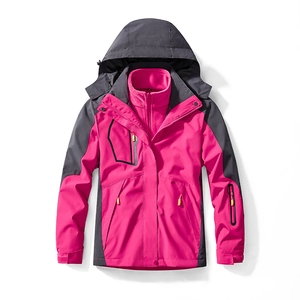 Outdoor 3-in-1 waterproof hooded jacket in rose pink and grey with fleece lining
