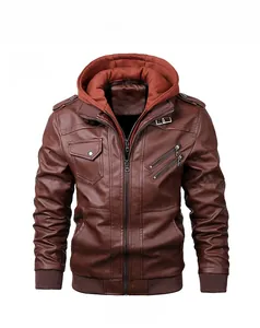 Detailed close-up of brown PU leather motorcycle jacket with orange hood and rib-knit cuffs