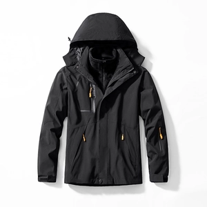 Men's outdoor 3-in-1 black waterproof windbreaker jacket with hood and orange zipper detail