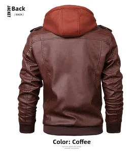 Back view of vintage PU leather motorcycle jacket in brown with a red hooded detail