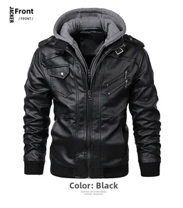Detailed view of black PU leather motorcycle jacket with grey hoodie and multi-zipper pockets