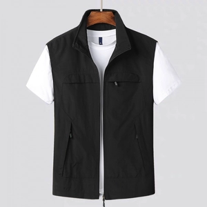 Men's outdoor casual multi-pocket vest with standing collar and zipper in black color
