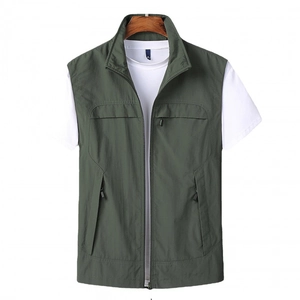 Men's lightweight army green outdoor fishing vest with multiple zipper pockets and stand collar