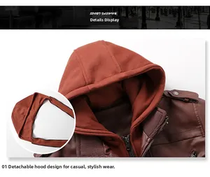 Detail view of brown faux leather jacket featuring a removable orange knit hood and epaulets
