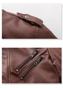 Detail of brown PU leather jacket featuring epaulettes and decorative double chest zippers