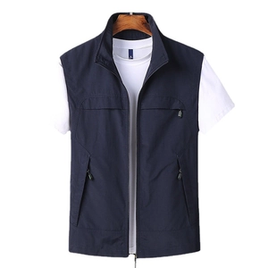 Men's dark blue quick-dry fishing vest with zipper pockets and stand collar