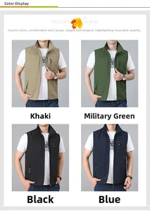 Dettagli dei gilet cargo in kaki, verde militare, nero e blu navy con tasche con zip