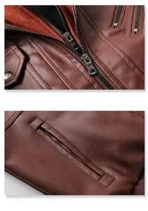 Detail of dark brown leather jacket with metal zippers and stand collar design