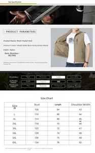 Tabella taglie dettagliata per gilet multitasche da uomo con misure dalla M alla 6XL