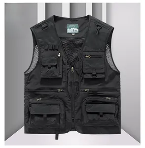 Detail of black mesh quick-dry fishing vest showing multiple utility pockets and zipper