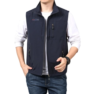 Men's navy multi-pocket outdoor vest with stand collar and functional zip pockets