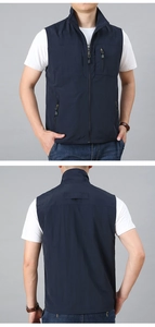 Vista dettagliata fronte e retro del gilet outdoor blu navy con tasche e collo alto