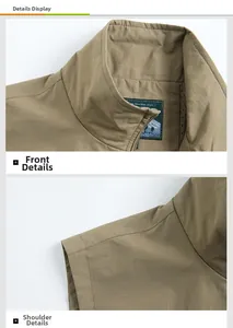 Dettaglio ravvicinato del colletto del gilet kaki con zip e trama del tessuto outdoor