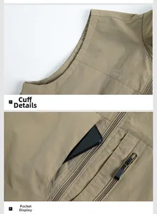 Dettaglio del gilet outdoor kaki con giromanica rinforzato e tasca laterale con cerniera