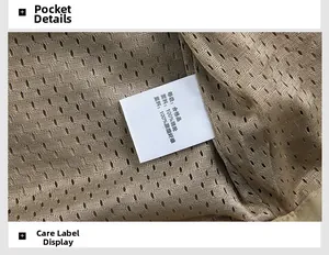 Dettaglio della fodera in rete traspirante del gilet kaki e dell'etichetta di composizione