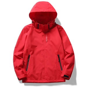 Waterproof hooded sports windbreaker jacket in vibrant red with zip pockets and adjustable cuffs