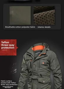 Dettaglio del tessuto della giacca verde militare con rivestimento in Teflon e fodera interna