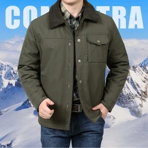 Detail of olive green cargo jacket showing faux fur collar and embroidered chest pocket