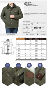 Size chart for men fleece cargo jacket showing lengths and measures from M to 6XL