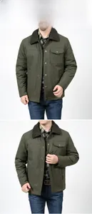 Detail of olive green fleece jacket showing lamb wool collar and utility chest pockets